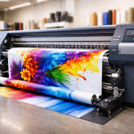 Large format printer producing a vibrant full-color banner for signage and garment printing in Nairobi, Kenya by Danix Signs Limited