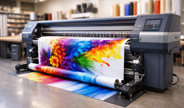 Large format printer producing a vibrant full-color banner for signage and garment printing in Nairobi, Kenya by Danix Signs Limited