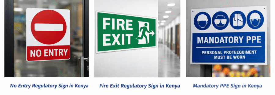 Regulatory signs in Kenya showing No Entry, Fire Exit, and Mandatory PPE signage in commercial and industrial spaces